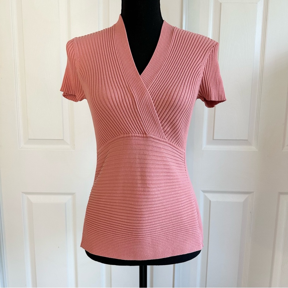 Worthington Rose Pink Cross Front Ribbed Short Sleeve Sweater
